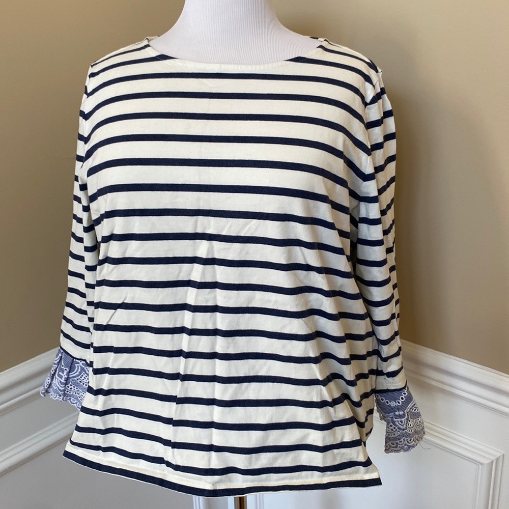 Talbots Navy/White Striped Long Sleeved T-shirt with Denim Lace Cuffs, 3X